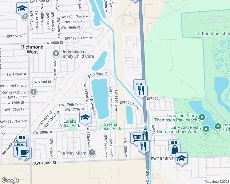 map of restaurants, bars, coffee shops, grocery stores, and more near 13908 Southwest 174th Terrace in Miami