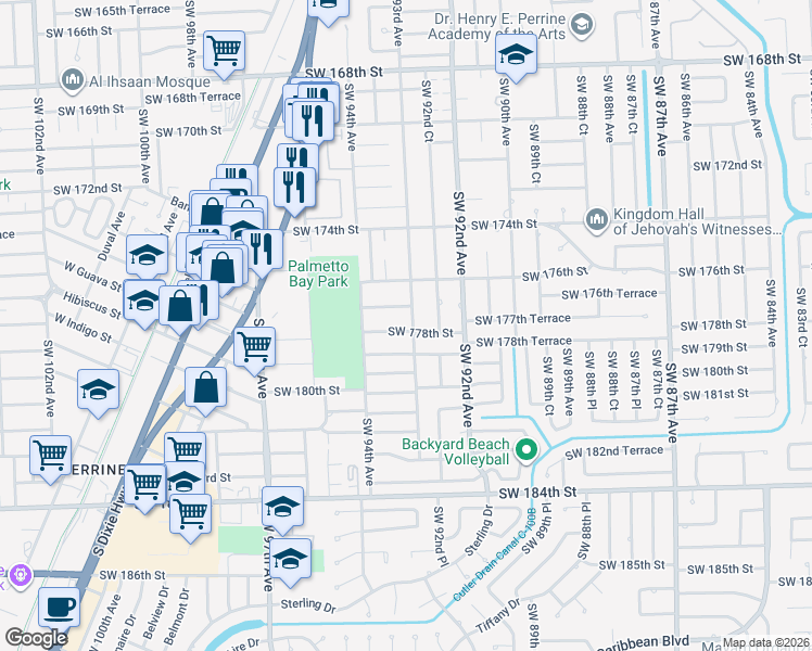 map of restaurants, bars, coffee shops, grocery stores, and more near 9321 Southwest 178th Street in Palmetto Bay