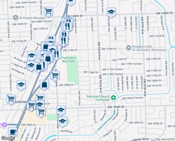 map of restaurants, bars, coffee shops, grocery stores, and more near 9321 Southwest 178th Street in Palmetto Bay