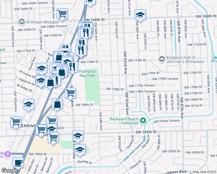 map of restaurants, bars, coffee shops, grocery stores, and more near 9321 Southwest 178th Street in Palmetto Bay