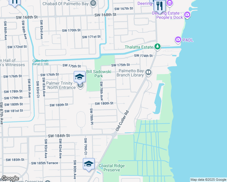 map of restaurants, bars, coffee shops, grocery stores, and more near 17820 Southwest 77th Avenue in Palmetto Bay