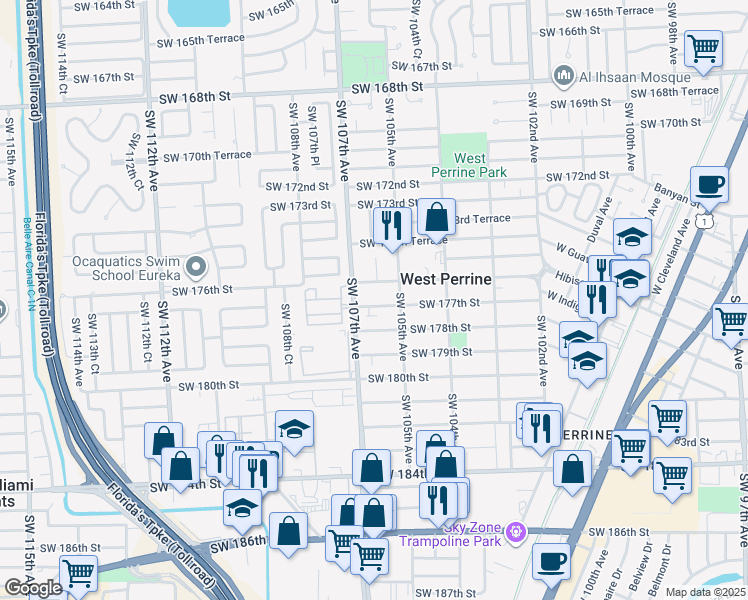 map of restaurants, bars, coffee shops, grocery stores, and more near 10597 Southwest 177th Street in Miami