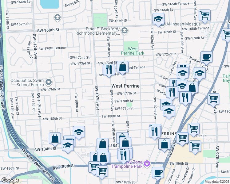 map of restaurants, bars, coffee shops, grocery stores, and more near 10461 Southwest 177th Street in Miami