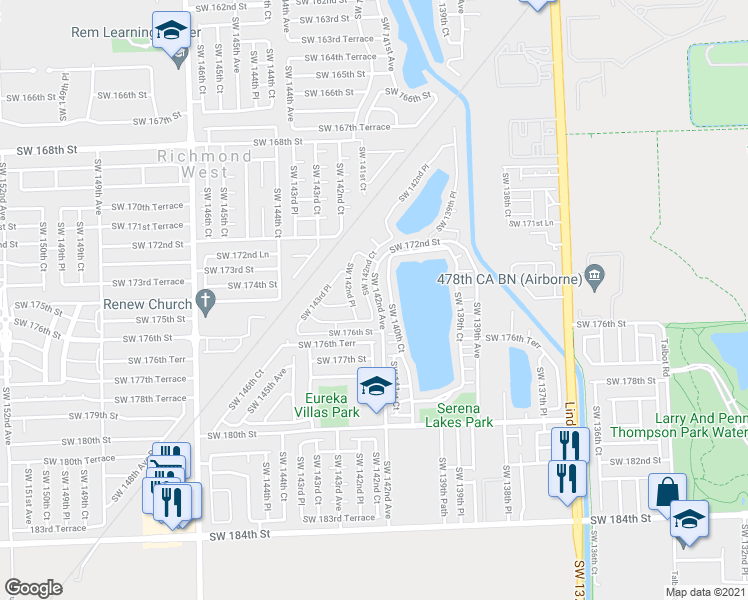 map of restaurants, bars, coffee shops, grocery stores, and more near 17500 Southwest 142nd Court in Miami