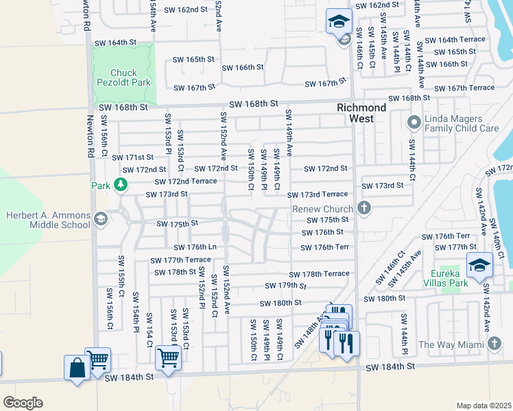 map of restaurants, bars, coffee shops, grocery stores, and more near 15049 Southwest 174th Street in Miami