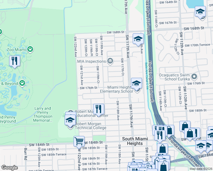 map of restaurants, bars, coffee shops, grocery stores, and more near 11851 Southwest 176th Street in Miami