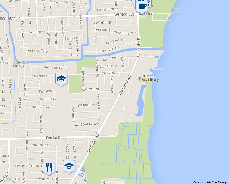map of restaurants, bars, coffee shops, grocery stores, and more near 17850 Old Cutler Road in Palmetto Bay