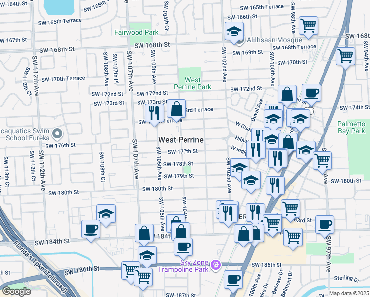 map of restaurants, bars, coffee shops, grocery stores, and more near 17630 Southwest 104th Avenue in Miami