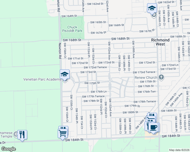 map of restaurants, bars, coffee shops, grocery stores, and more near 17420 Southwest 153rd Avenue in Miami