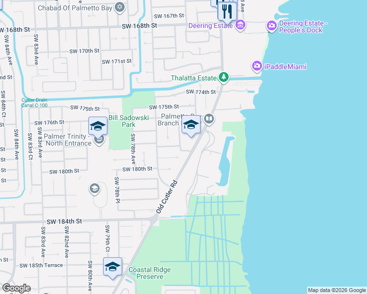 map of restaurants, bars, coffee shops, grocery stores, and more near 17850 Old Cutler Road in Palmetto Bay