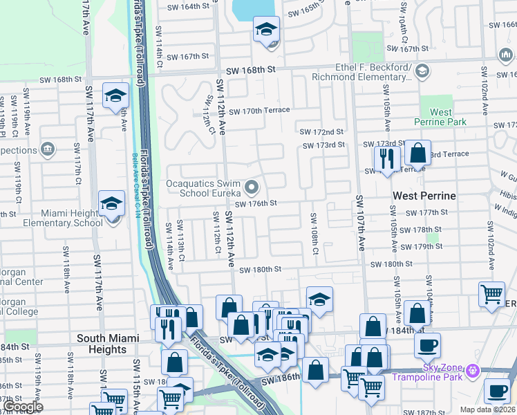 map of restaurants, bars, coffee shops, grocery stores, and more near 11015 Southwest 177th Street in Miami