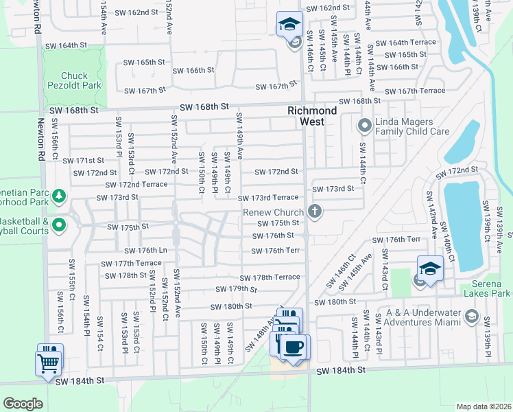 map of restaurants, bars, coffee shops, grocery stores, and more near 14856 Southwest 174th Street in Miami