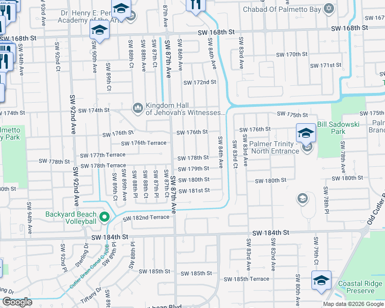 map of restaurants, bars, coffee shops, grocery stores, and more near 8540 Southwest 178th Street in Palmetto Bay
