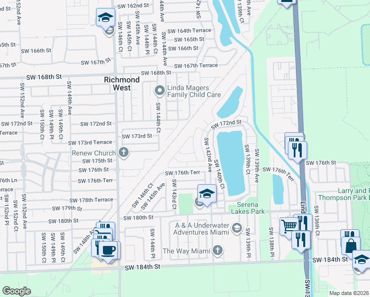 map of restaurants, bars, coffee shops, grocery stores, and more near 14311 Southwest 175th Street in Miami