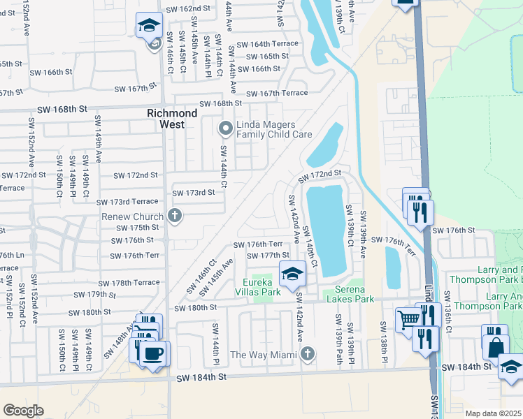 map of restaurants, bars, coffee shops, grocery stores, and more near 14311 Southwest 175th Street in Miami