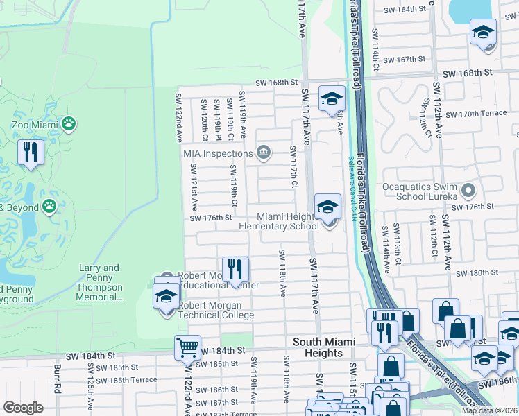 map of restaurants, bars, coffee shops, grocery stores, and more near 11851 Southwest 176th Street in Miami