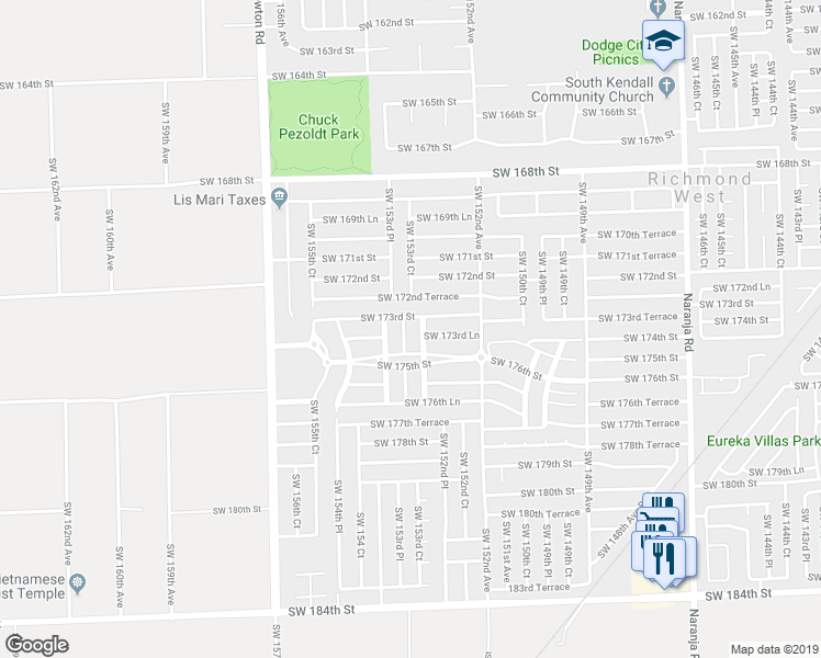 map of restaurants, bars, coffee shops, grocery stores, and more near 17420 Southwest 153rd Avenue in Miami