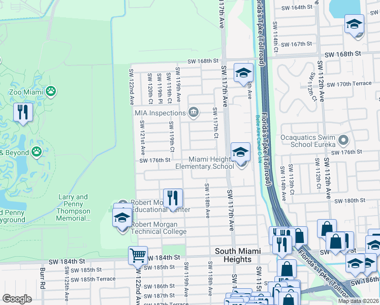 map of restaurants, bars, coffee shops, grocery stores, and more near 11851 Southwest 176th Street in Miami