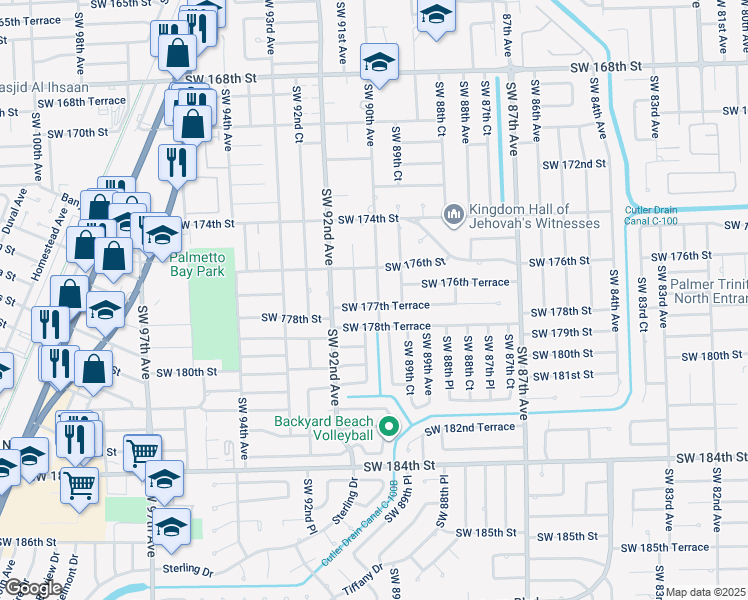 map of restaurants, bars, coffee shops, grocery stores, and more near 17720 Southwest 90th Avenue in Palmetto Bay