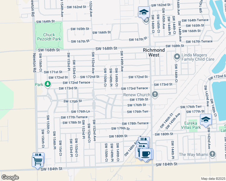 map of restaurants, bars, coffee shops, grocery stores, and more near 14952 Southwest 173rd Terrace in Miami
