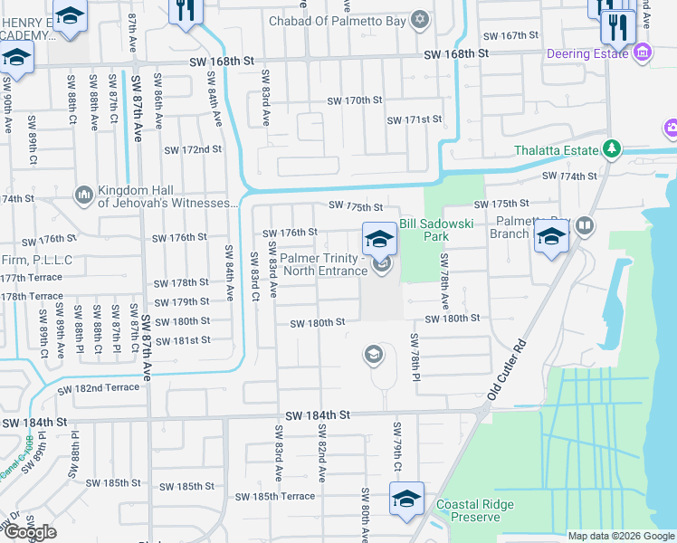 map of restaurants, bars, coffee shops, grocery stores, and more near 8100 Southwest 178th Street in Palmetto Bay