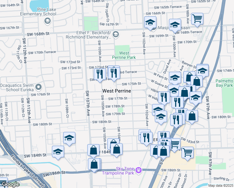 map of restaurants, bars, coffee shops, grocery stores, and more near 17630 Southwest 104th Avenue in Miami