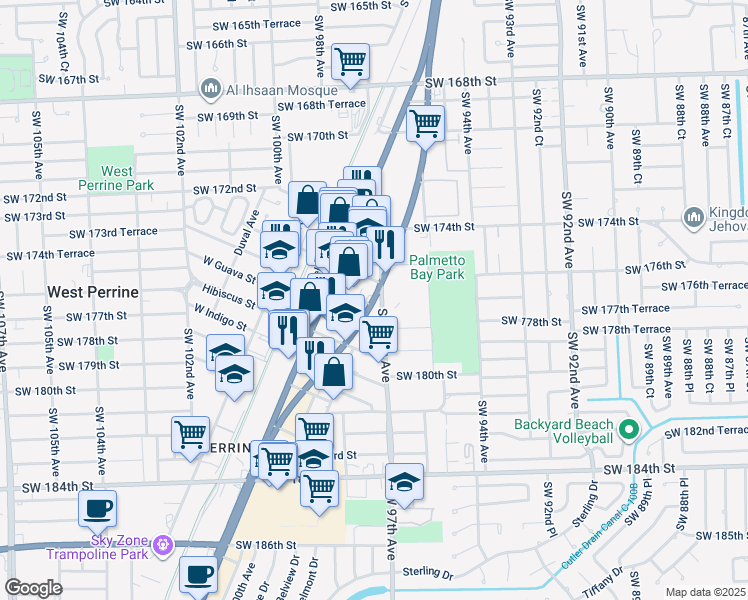 map of restaurants, bars, coffee shops, grocery stores, and more near 17555 South Dixie Highway in Palmetto Bay