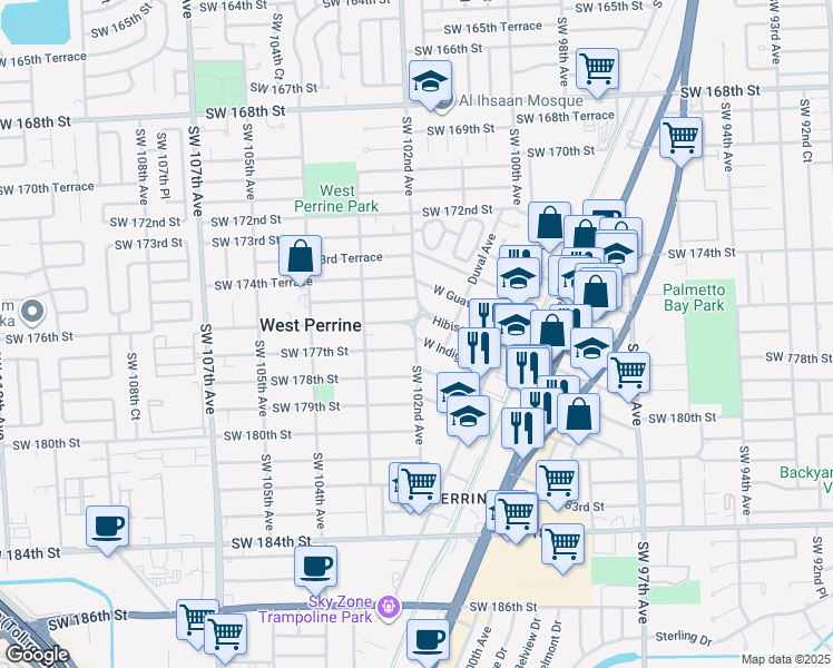 map of restaurants, bars, coffee shops, grocery stores, and more near 10132 West Indigo Street in Miami