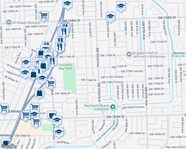 map of restaurants, bars, coffee shops, grocery stores, and more near 17728 Southwest 92nd Court in Palmetto Bay
