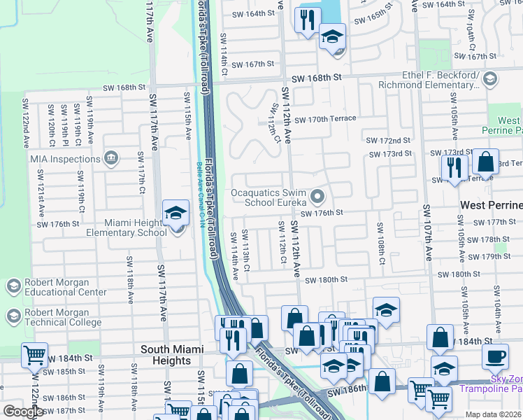 map of restaurants, bars, coffee shops, grocery stores, and more near 11250 Southwest 176th Street in Miami