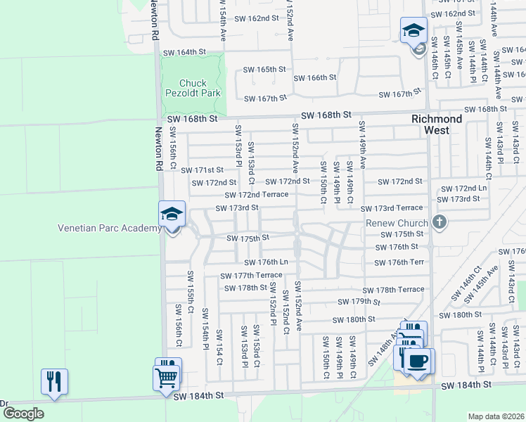 map of restaurants, bars, coffee shops, grocery stores, and more near 17420 Southwest 153rd Avenue in Miami