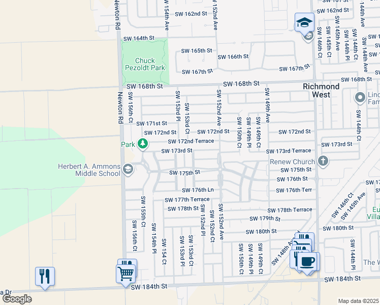 map of restaurants, bars, coffee shops, grocery stores, and more near 17300 Southwest 153rd Avenue in Miami