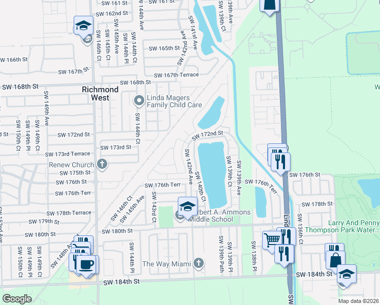 map of restaurants, bars, coffee shops, grocery stores, and more near 17380 Southwest 140th Court in Miami