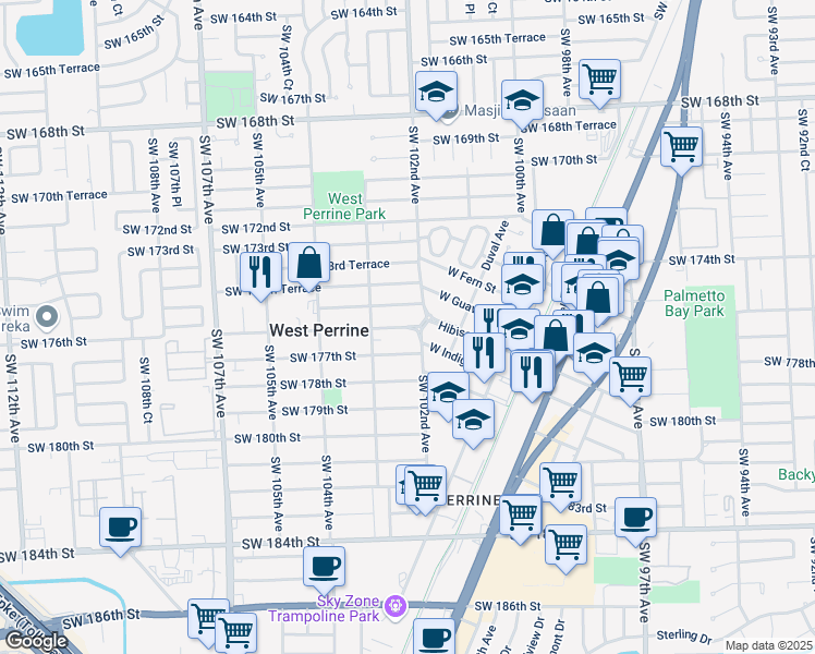 map of restaurants, bars, coffee shops, grocery stores, and more near 10270 Southwest 175th Street in Miami
