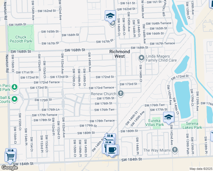 map of restaurants, bars, coffee shops, grocery stores, and more near 14762 Southwest 173rd Street in Miami