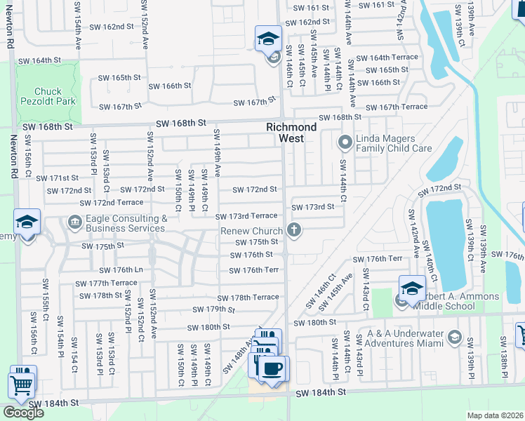 map of restaurants, bars, coffee shops, grocery stores, and more near 14762 Southwest 173rd Street in Miami