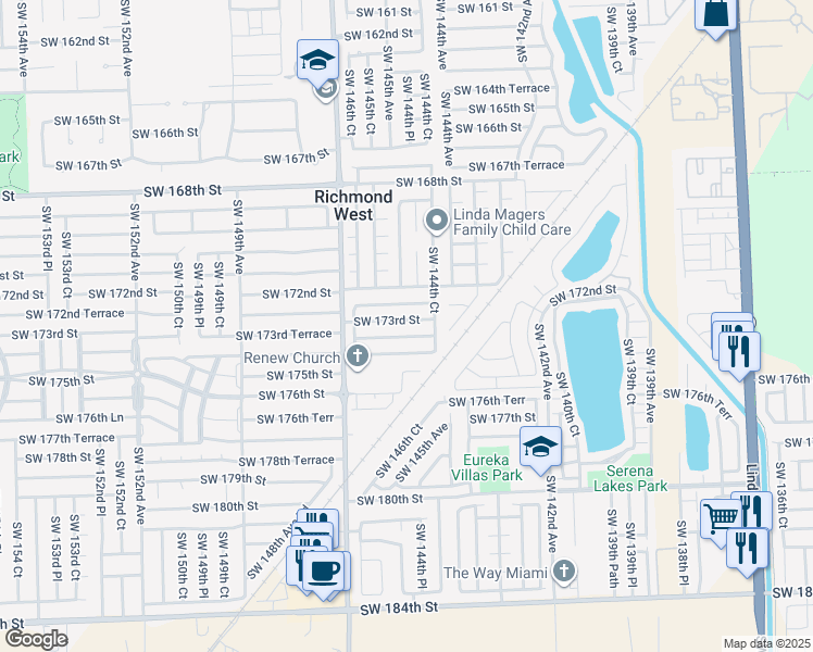 map of restaurants, bars, coffee shops, grocery stores, and more near 14488 Southwest 173rd Street in Miami