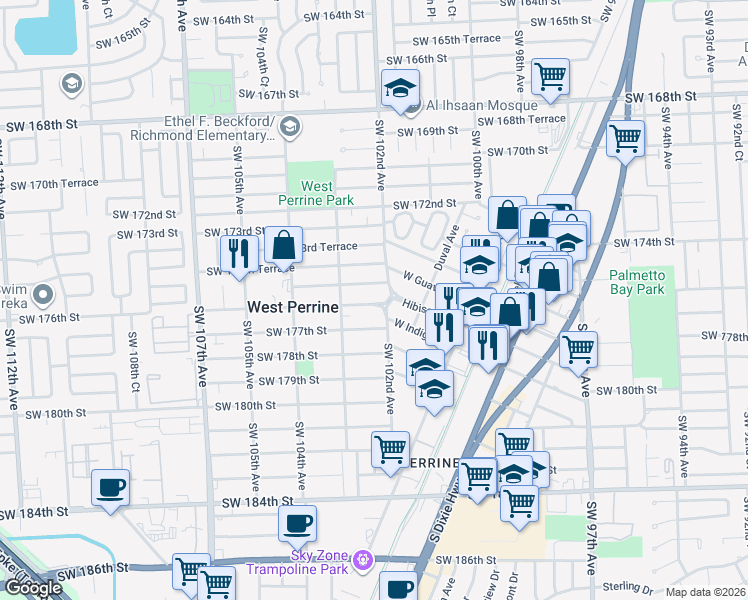 map of restaurants, bars, coffee shops, grocery stores, and more near 10235 Southwest 176th Street in Miami