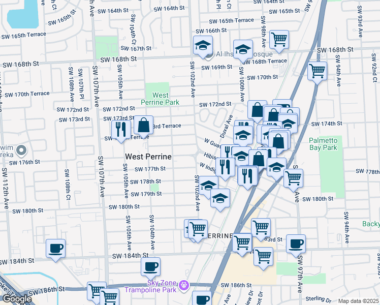 map of restaurants, bars, coffee shops, grocery stores, and more near 10233 Southwest 176th Street in Miami