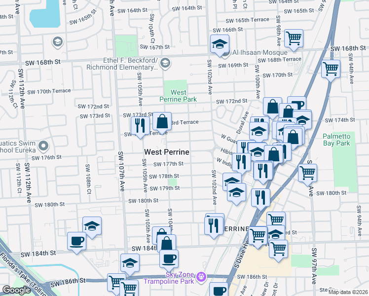 map of restaurants, bars, coffee shops, grocery stores, and more near 10340 Southwest 175th Street in Miami