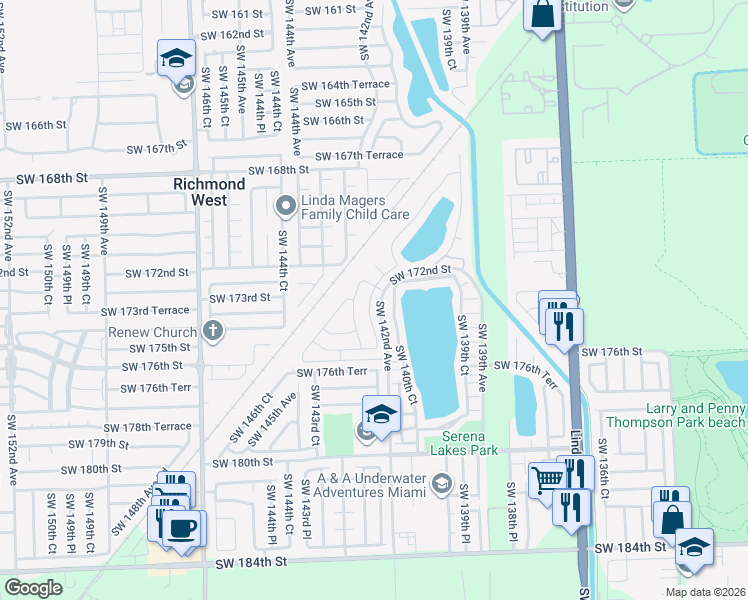 map of restaurants, bars, coffee shops, grocery stores, and more near 17317 Southwest 142nd Court in Miami