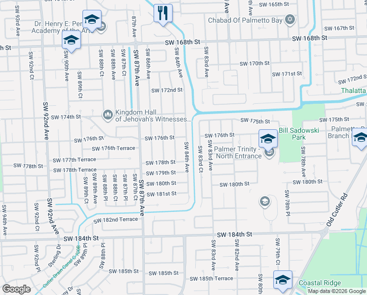 map of restaurants, bars, coffee shops, grocery stores, and more near 17625 Southwest 84th Avenue in Palmetto Bay