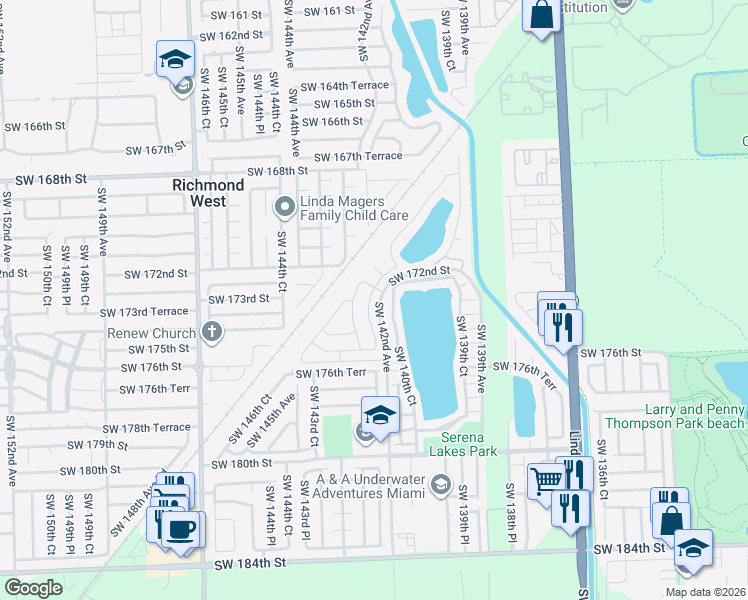 map of restaurants, bars, coffee shops, grocery stores, and more near 17317 Southwest 142nd Court in Miami