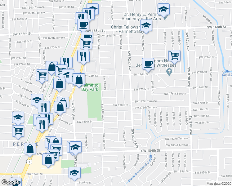 map of restaurants, bars, coffee shops, grocery stores, and more near 17640 Southwest 93rd Avenue in Miami