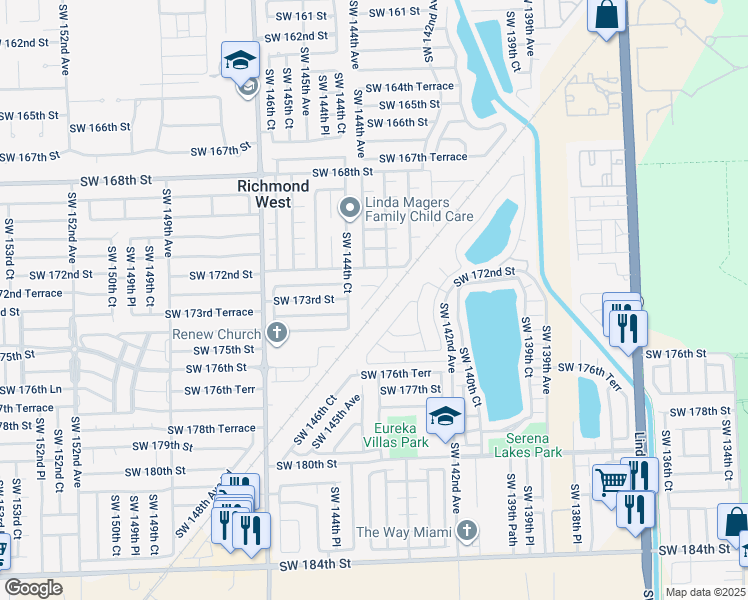 map of restaurants, bars, coffee shops, grocery stores, and more near 17333 Southwest 143rd Court in Miami
