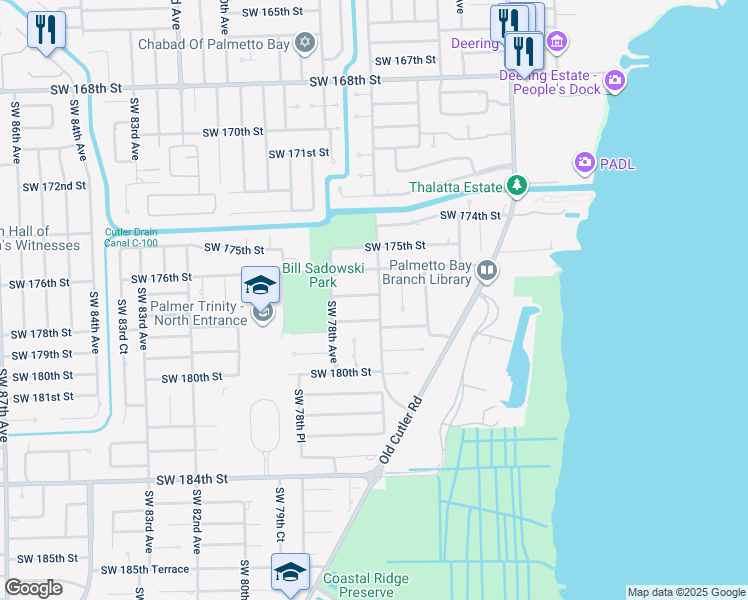 map of restaurants, bars, coffee shops, grocery stores, and more near 17701 Southwest 77th Avenue in Palmetto Bay