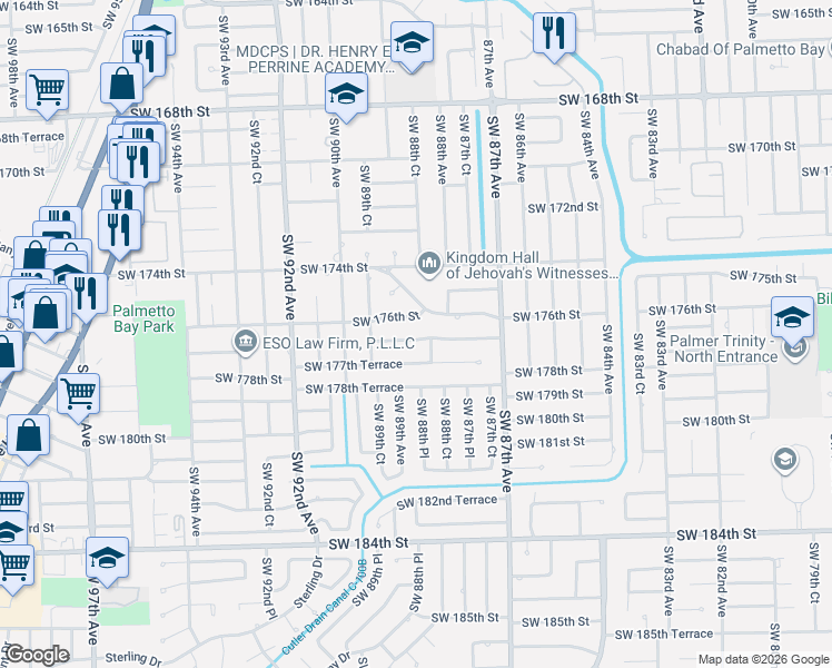 map of restaurants, bars, coffee shops, grocery stores, and more near 8865 Southwest 176th Terrace in Palmetto Bay