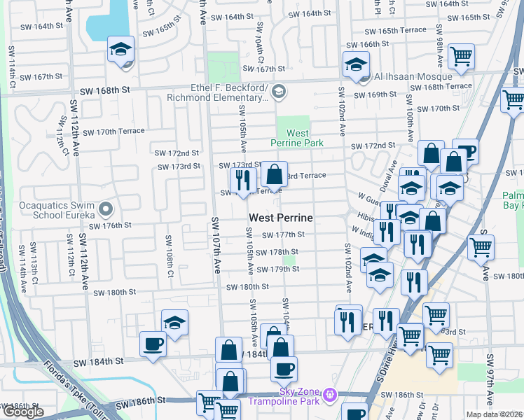 map of restaurants, bars, coffee shops, grocery stores, and more near in West Perrine