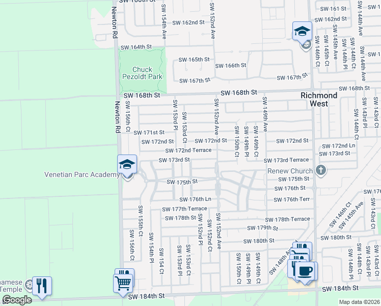 map of restaurants, bars, coffee shops, grocery stores, and more near 15336 Southwest 172nd Terrace in Miami