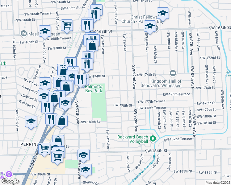map of restaurants, bars, coffee shops, grocery stores, and more near 9320 Southwest 176th Street in Palmetto Bay